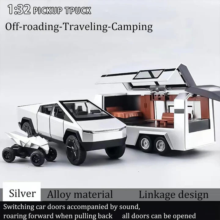 Tesla Cyber Truck Pickup Trailer Camper - Diecast Metal Car - Scale 1:24