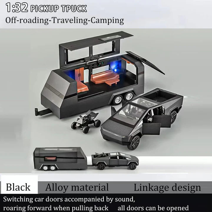 Tesla Cyber Truck Pickup Trailer Camper - Diecast Metal Car - Scale 1:24