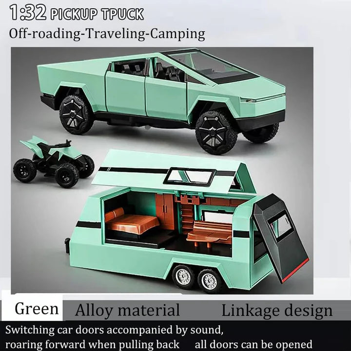 Tesla Cyber Truck Pickup Trailer Camper - Diecast Metal Car - Scale 1:24