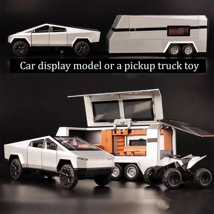 Tesla Cyber Truck Pickup Trailer Camper - Diecast Metal Car - Scale 1:24
