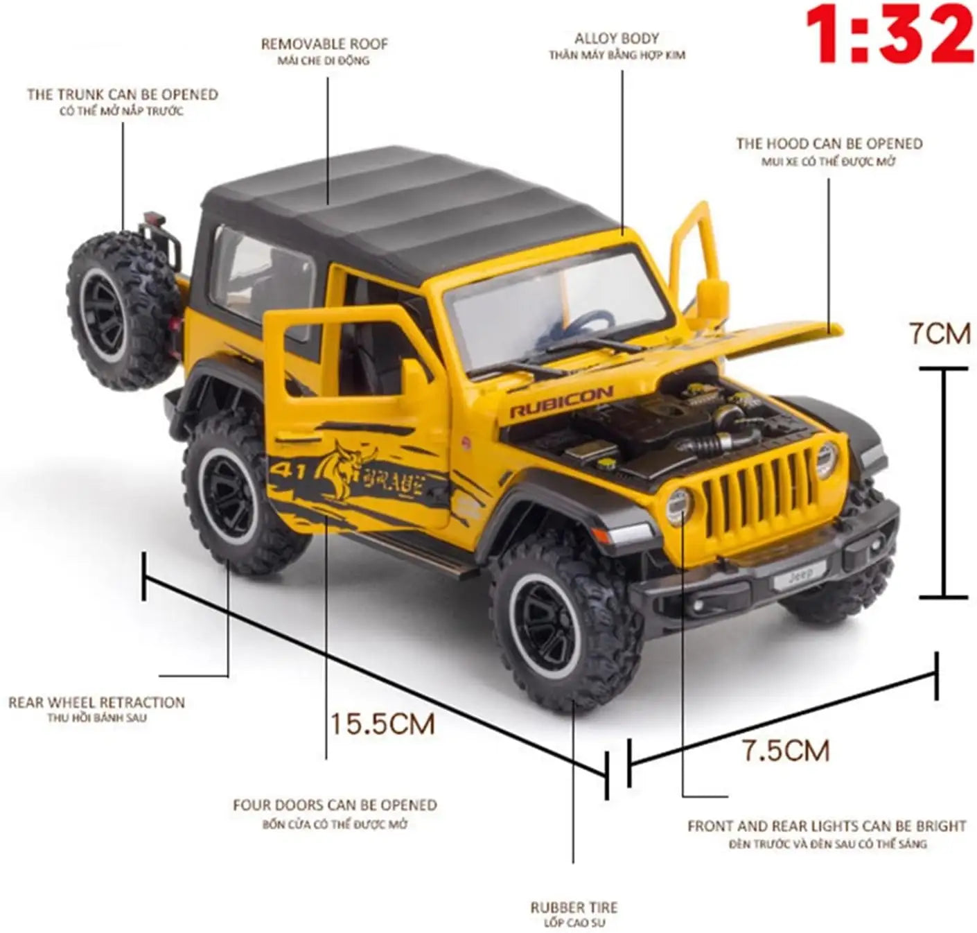 Jeep Rubicon - Diecast Metal Car - Scale 1:32 / 1:24