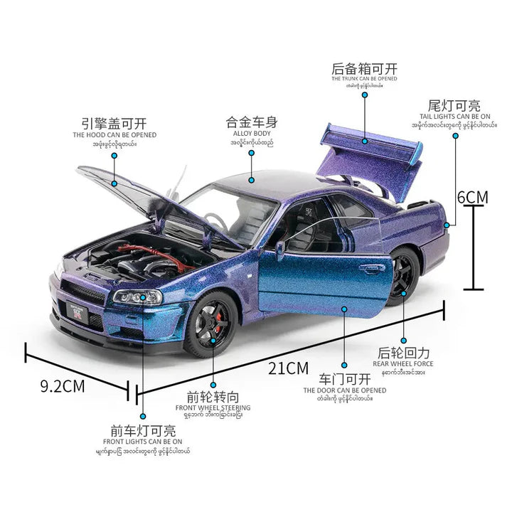 Nissan Skyline Gtr 34- Diecast Metal Car - Scale 1:24