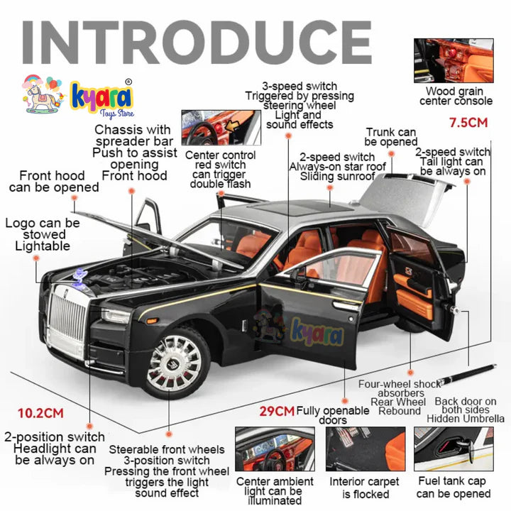 Rolls-royce Phantom Black-Silver - Diecast Metal Car - Scale 1:24 / 1:18