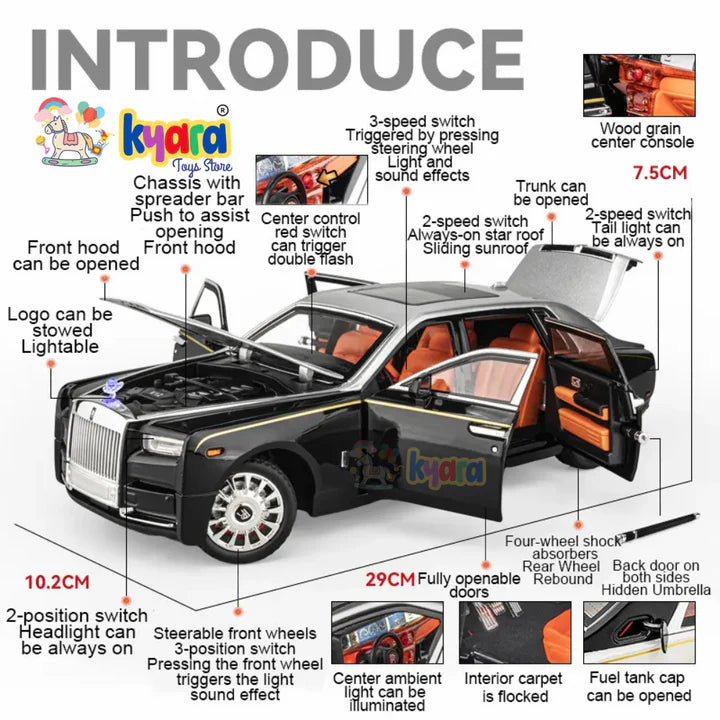 Rolls-royce Phantom Black-Silver - Diecast Metal Car - Scale 1:24 / 1:18